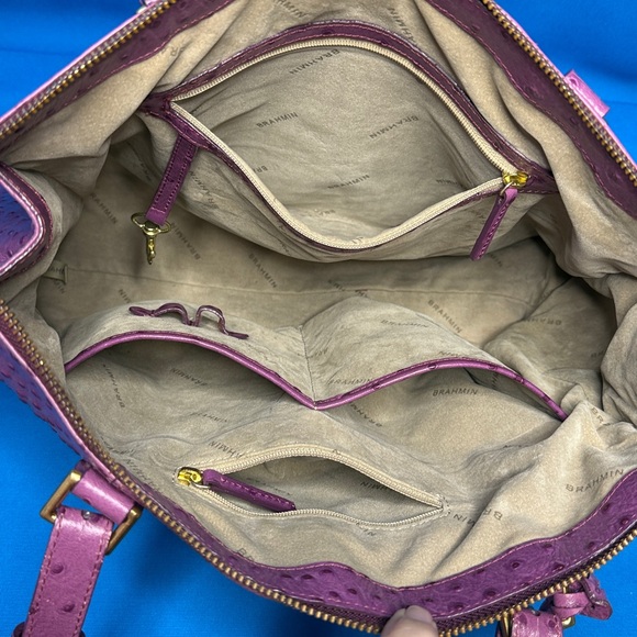 BRAHMIN LARGE TORI TOTE FIG NORMANDY OSTRICH EMBOSSED LEATHER PURPLE TYPE COLOR